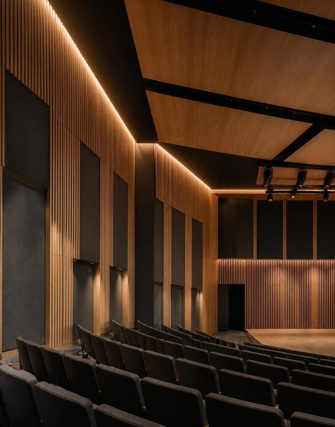 Timber-panelled hall with full acoustic treatment delivered by the SCB team