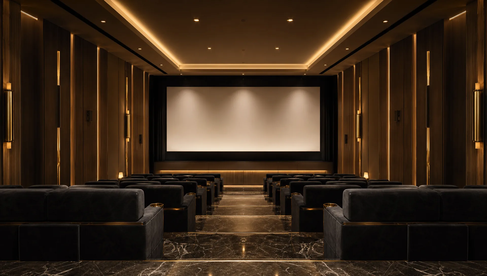A premium cinema auditorium with plush seating, warm accent lighting and a large screen