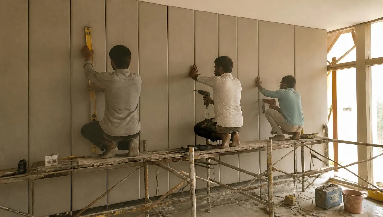 Our installation crew fitting acoustic panels on site