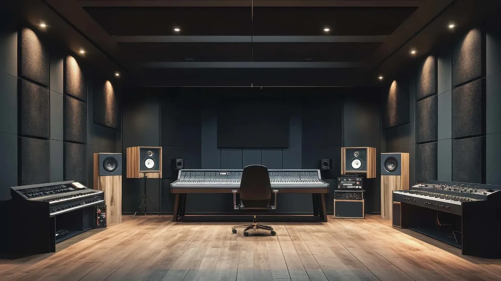 Studio control room with mixing console and monitors